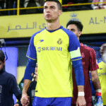 Al Nassr's Cristiano Ronaldo celebrates scoring a goal during Saudi Pro League's match against Al Okhdood in Riyadh on