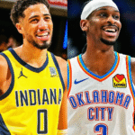 Tyrese Haliburton #0 of the Indiana Pacers attempts a lay up past Shai Gilgeous-Alexander #2 of the Oklahoma City Thunder during the fourth quarter in Game One of the 2025 NBA Finals at Paycom Center, in Oklahoma City,